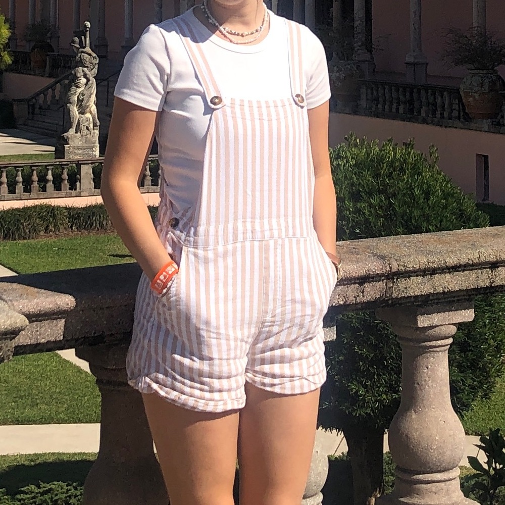White and beige striped romper